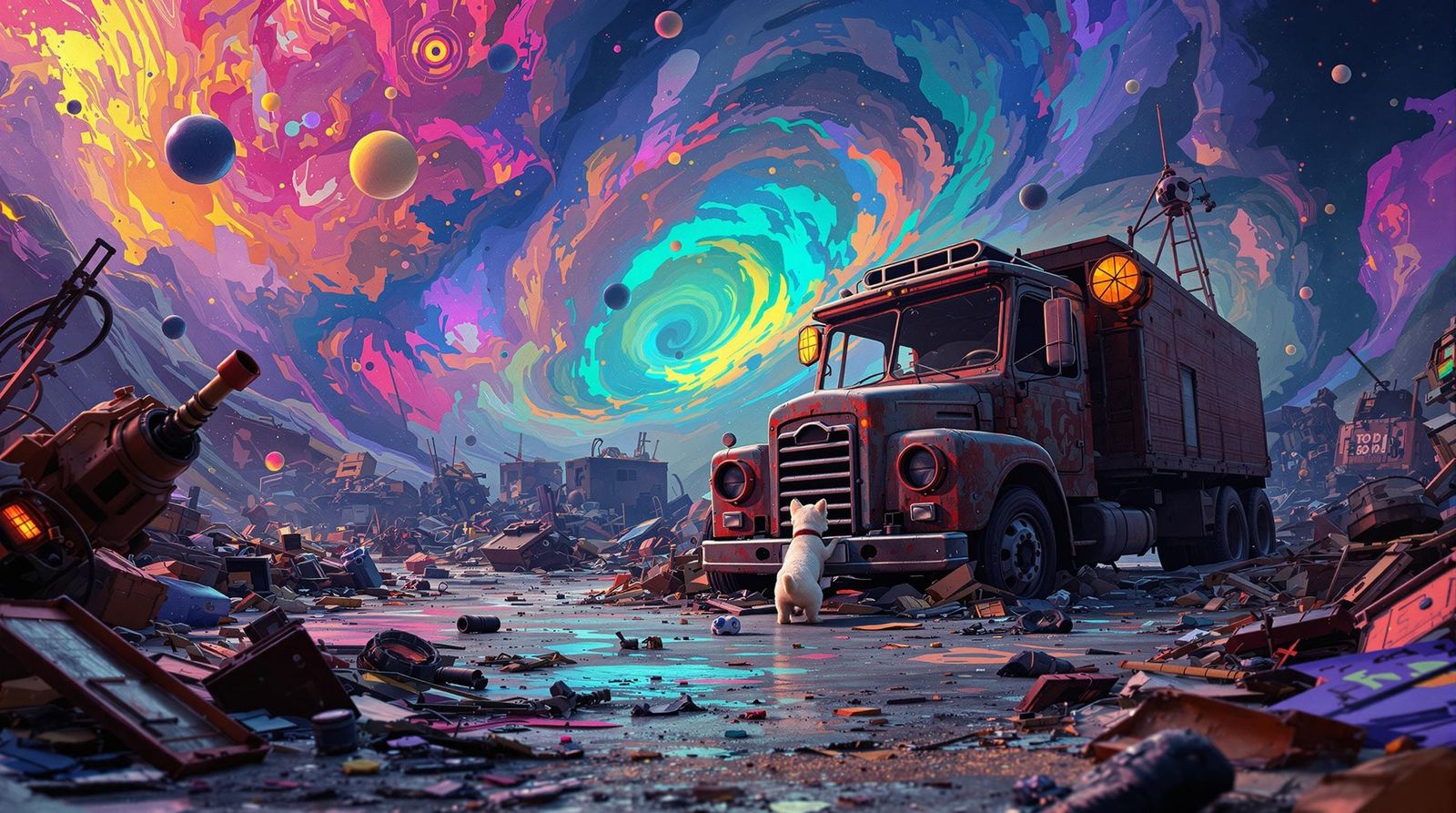Dog's Dreamlike Junkyard Adventure in Sci-Fi Style