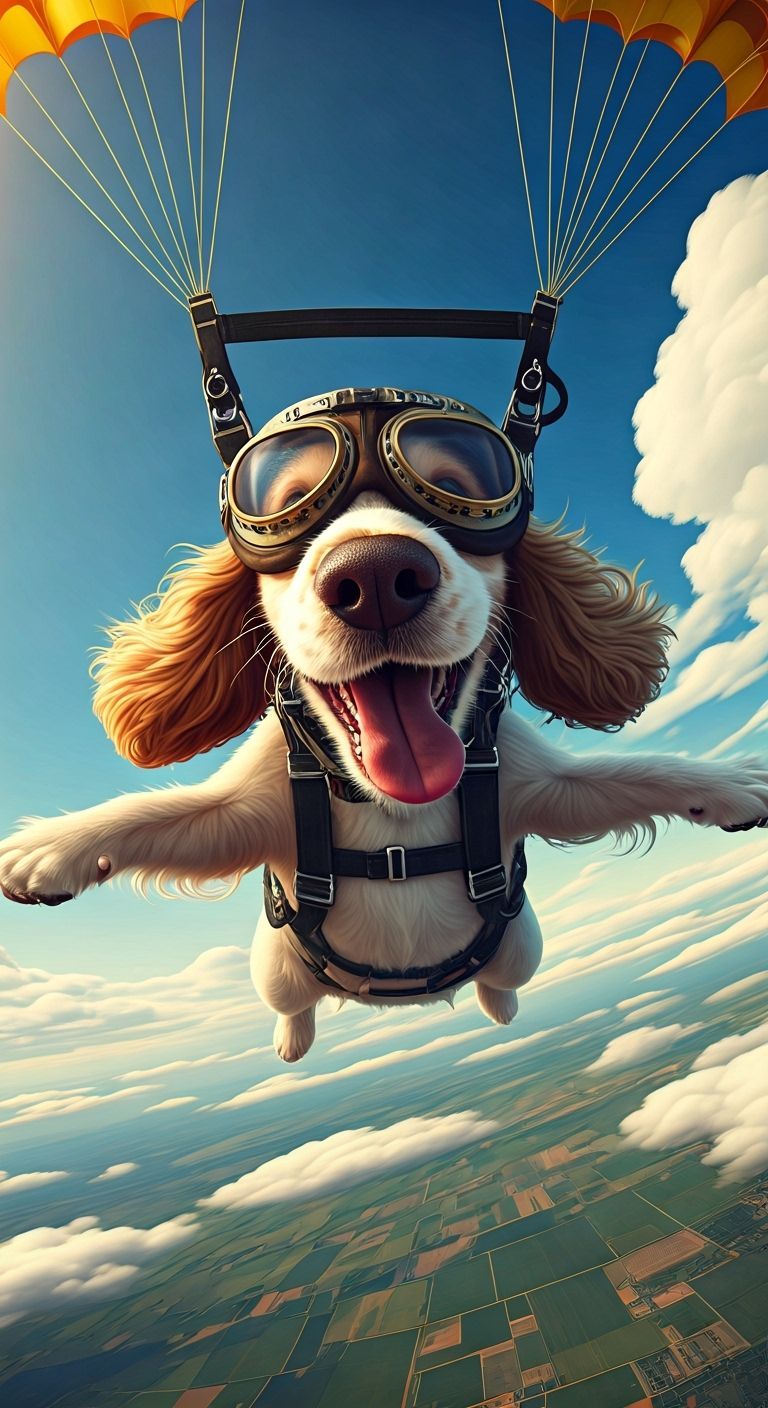 French Spaniel Puppy Skydiving with Aviator Goggles