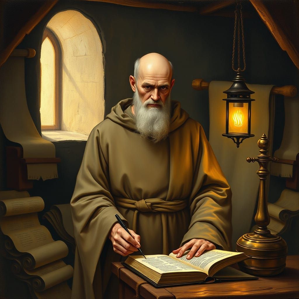 Serene Monk in Dimly Lit Scriptorium