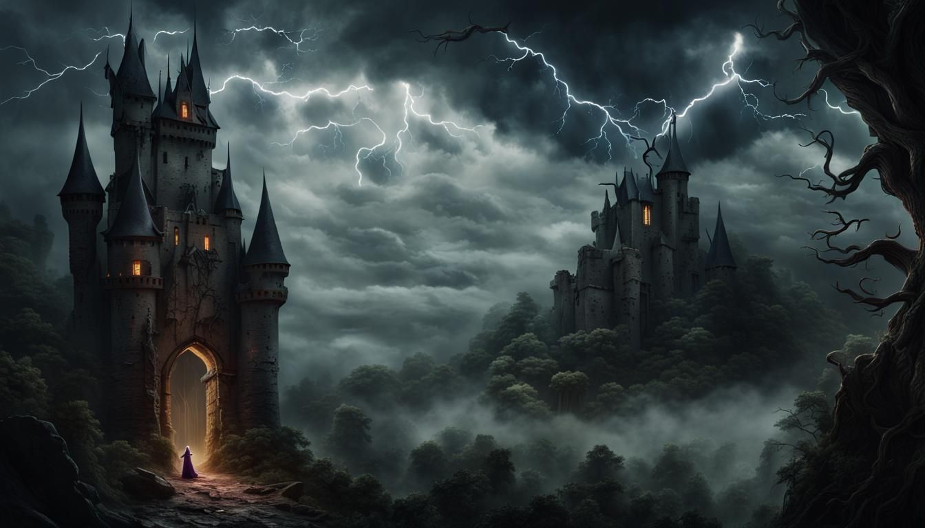 Haunted Castle with Alien Creature in Fantasy Art