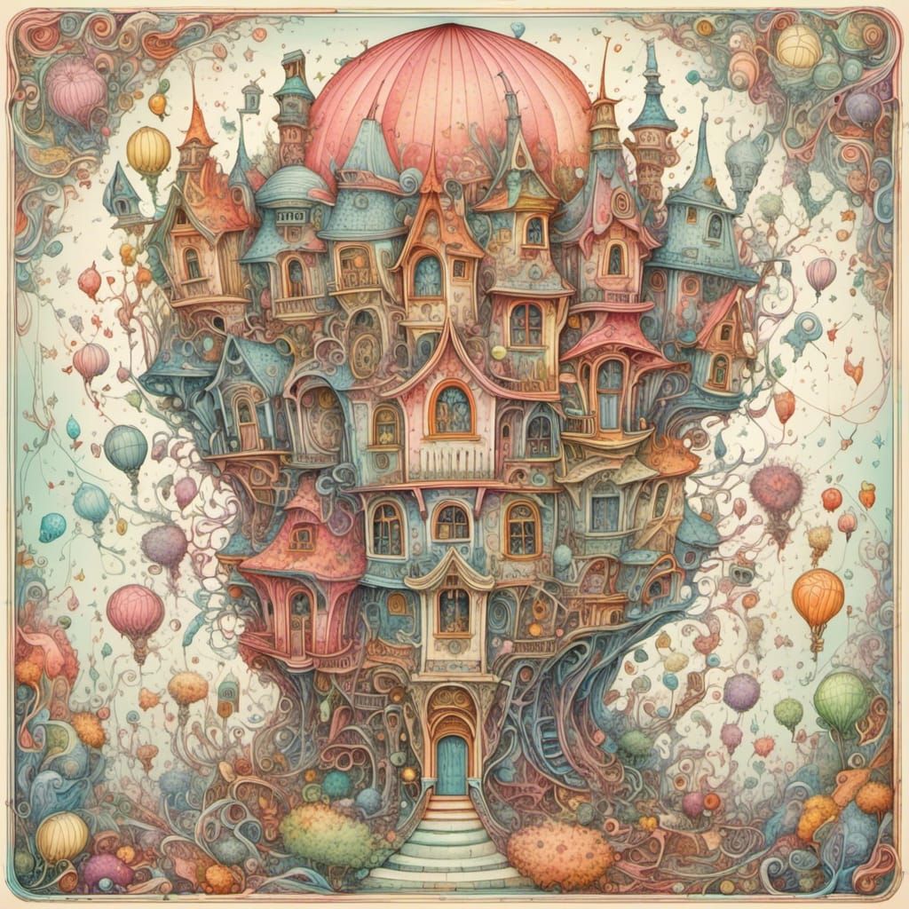 Kawaii Fantasy City Inside Robotic Face in Pranckevicius Sty...