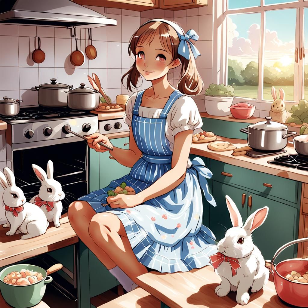 Anime Style Woman Cooking Surrounded by Rabbits