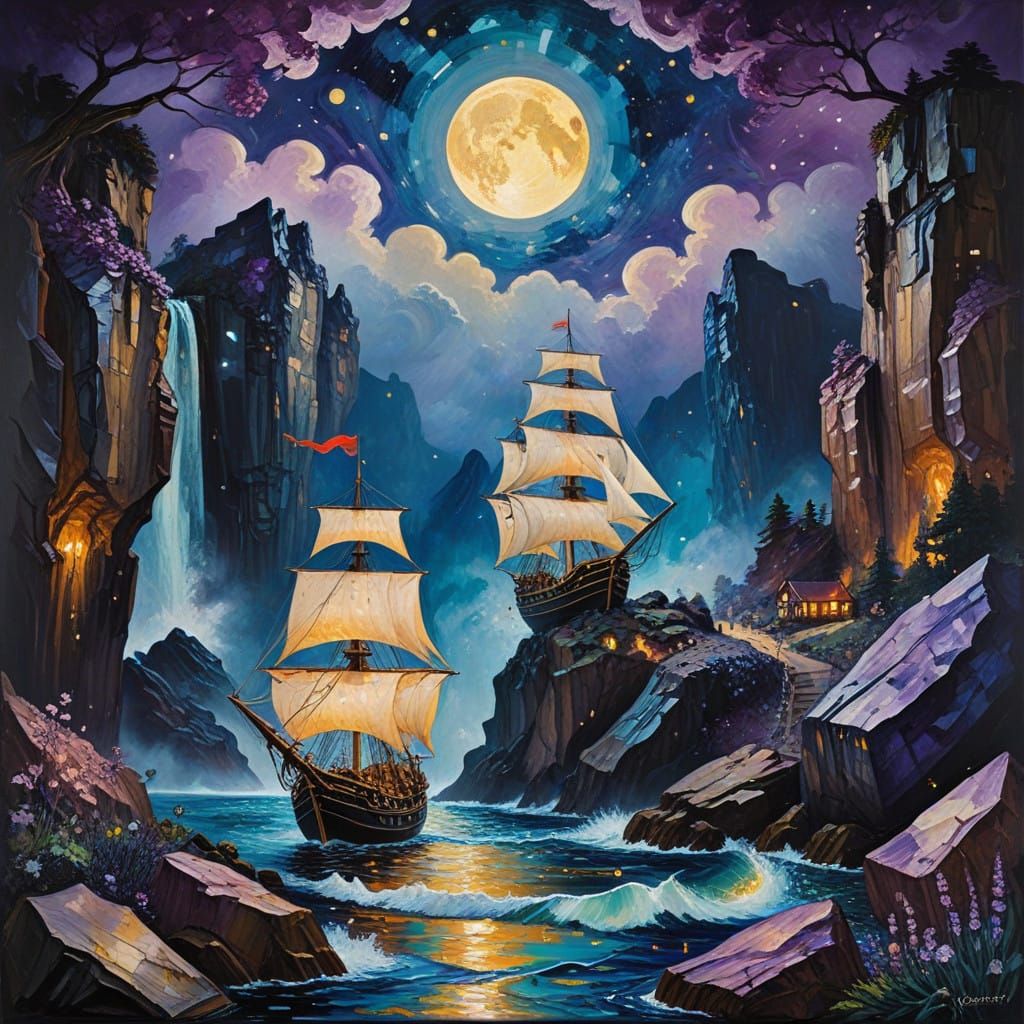 Goth Steampunk Pirate Ships in a Dreamy, Moonlit Vortex