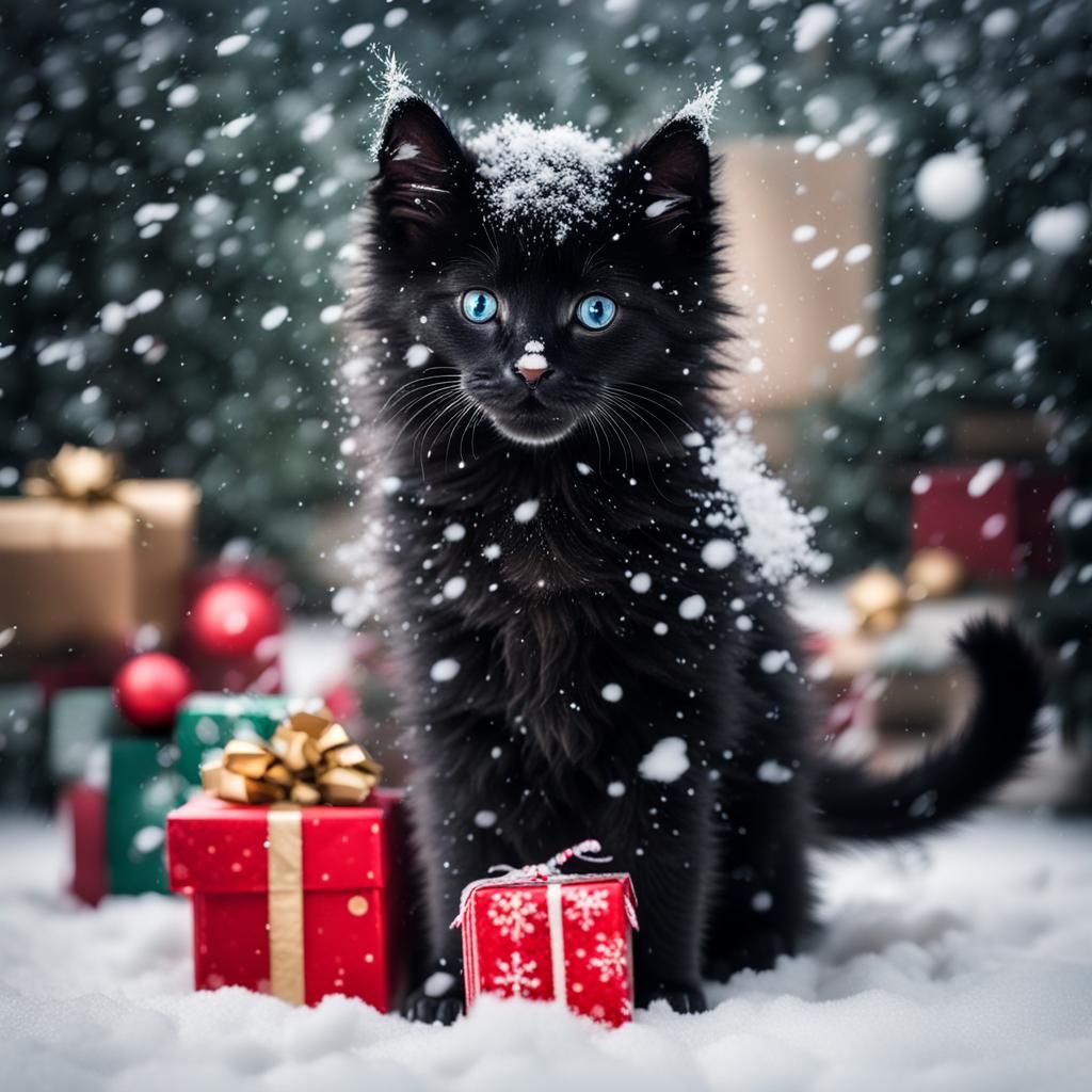 Fluffy Black Kitten in Snow with Christmas Presents