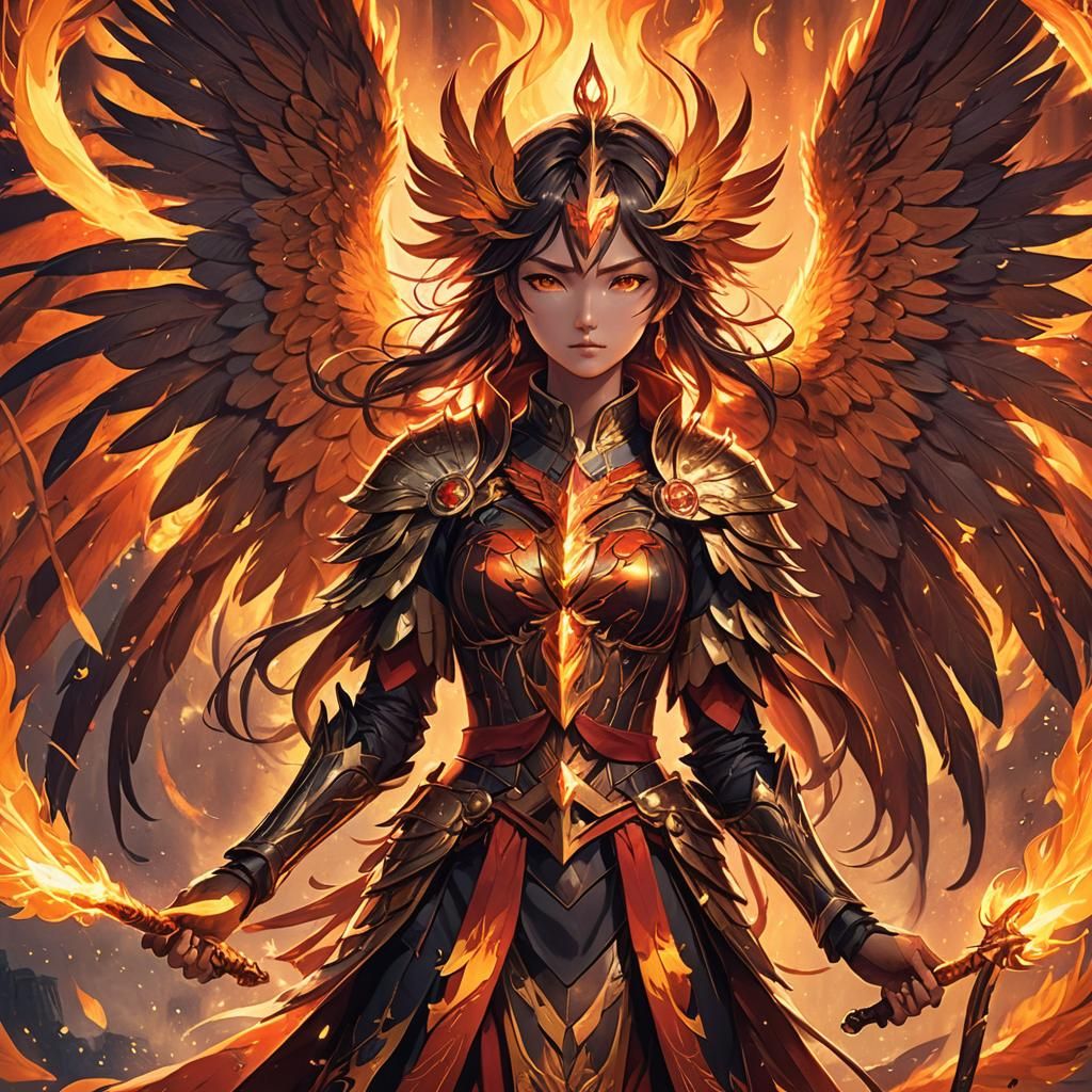 Imagine an anime character who serves as the protector of a mystical realm, bound to the power of a phoenix. She wears a...