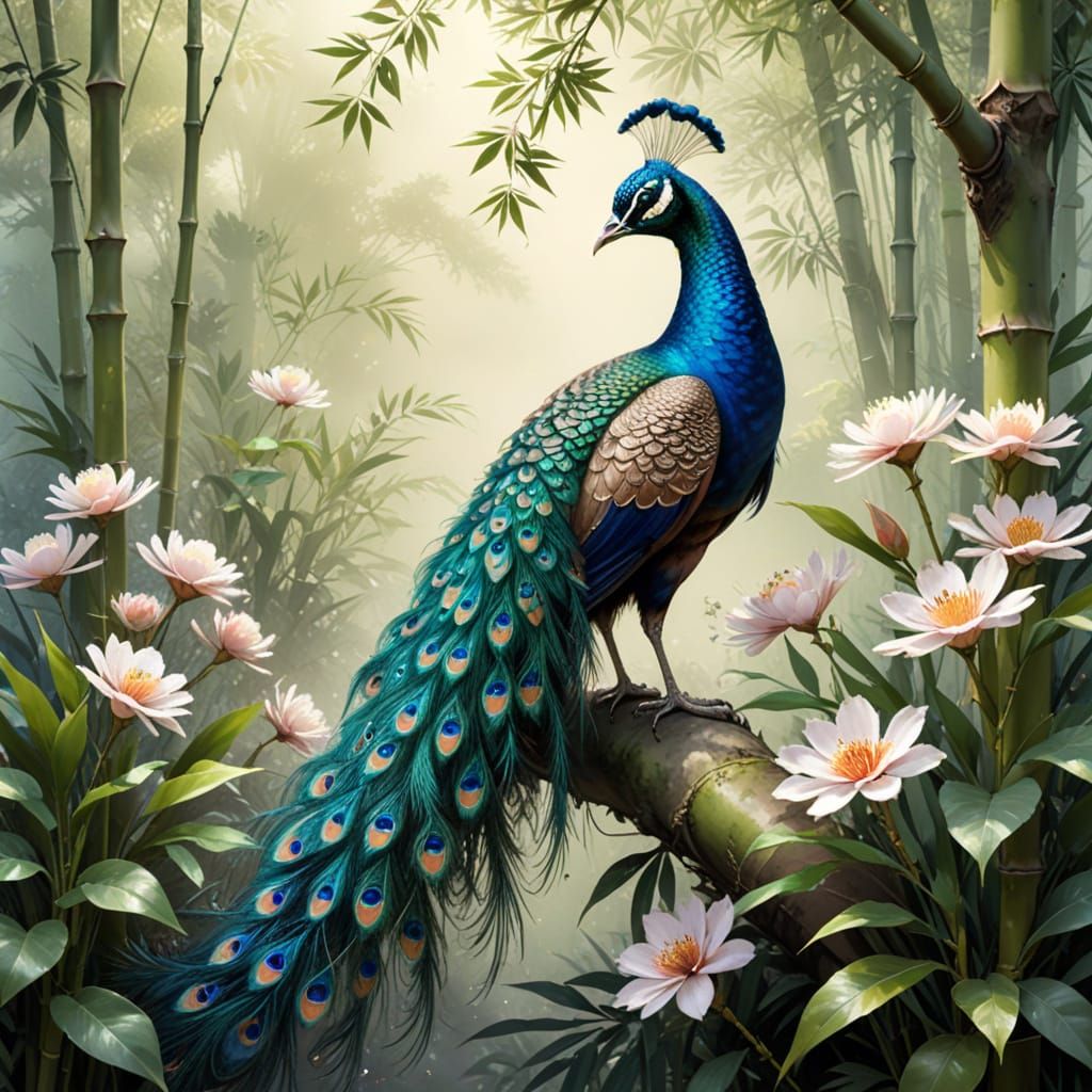 Traditional Chinese Peacock Portrait in Lush Garden Setting