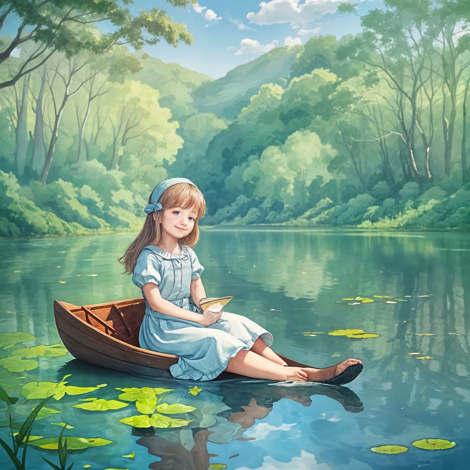 Mother Tells a Whimsical Tale by a Serene Lake