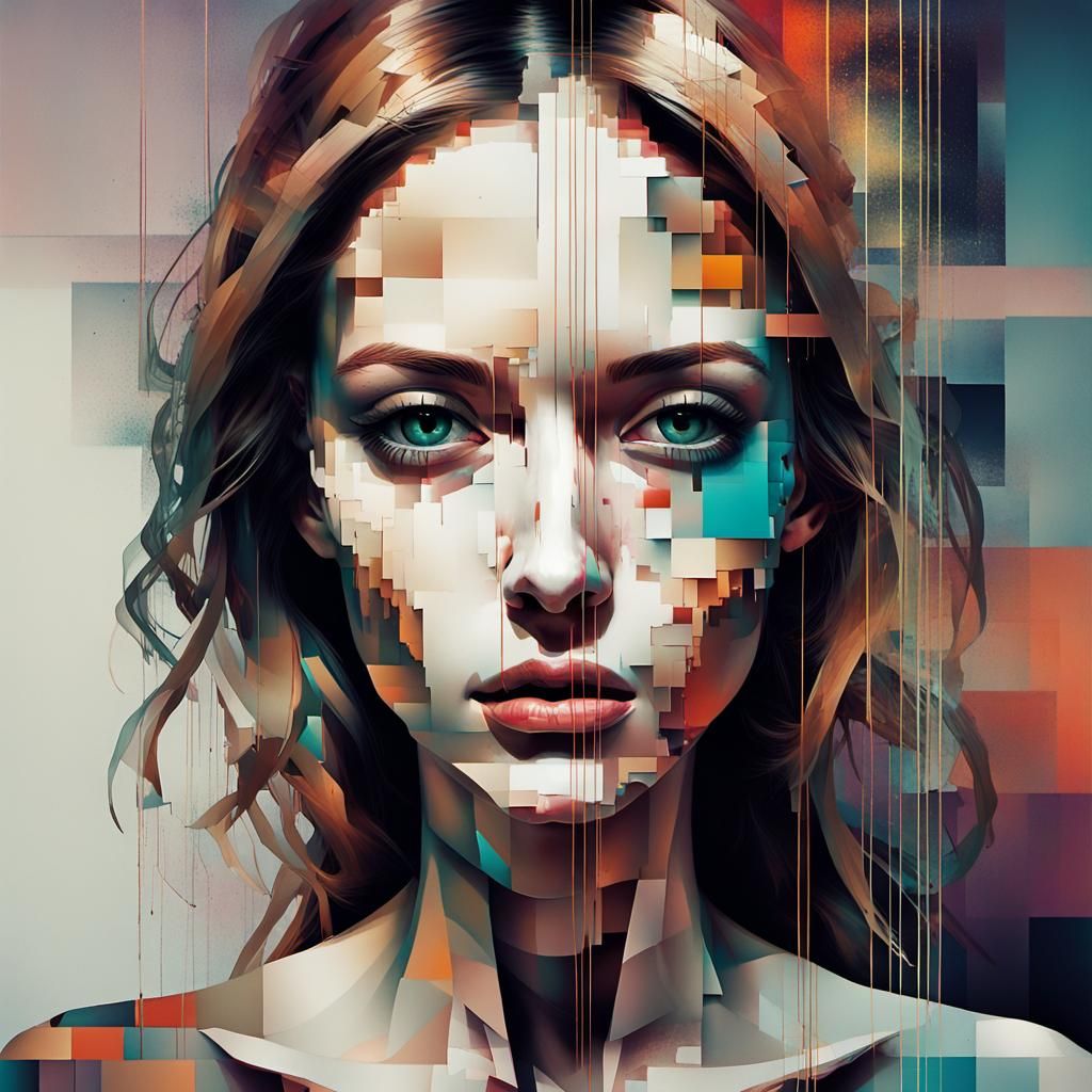 Fragmented Woman in Surreal Glitch Art Style