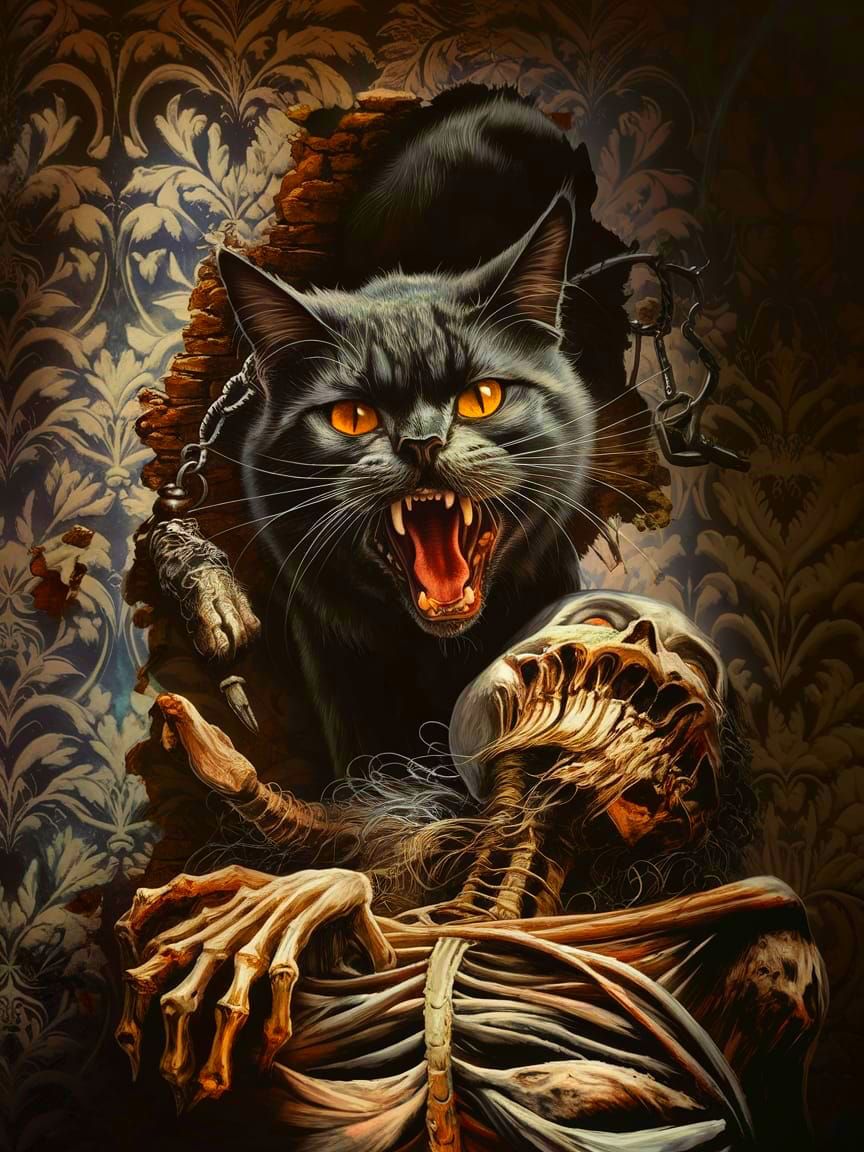 Macabre Black Cat Unleashed from Decaying Wall