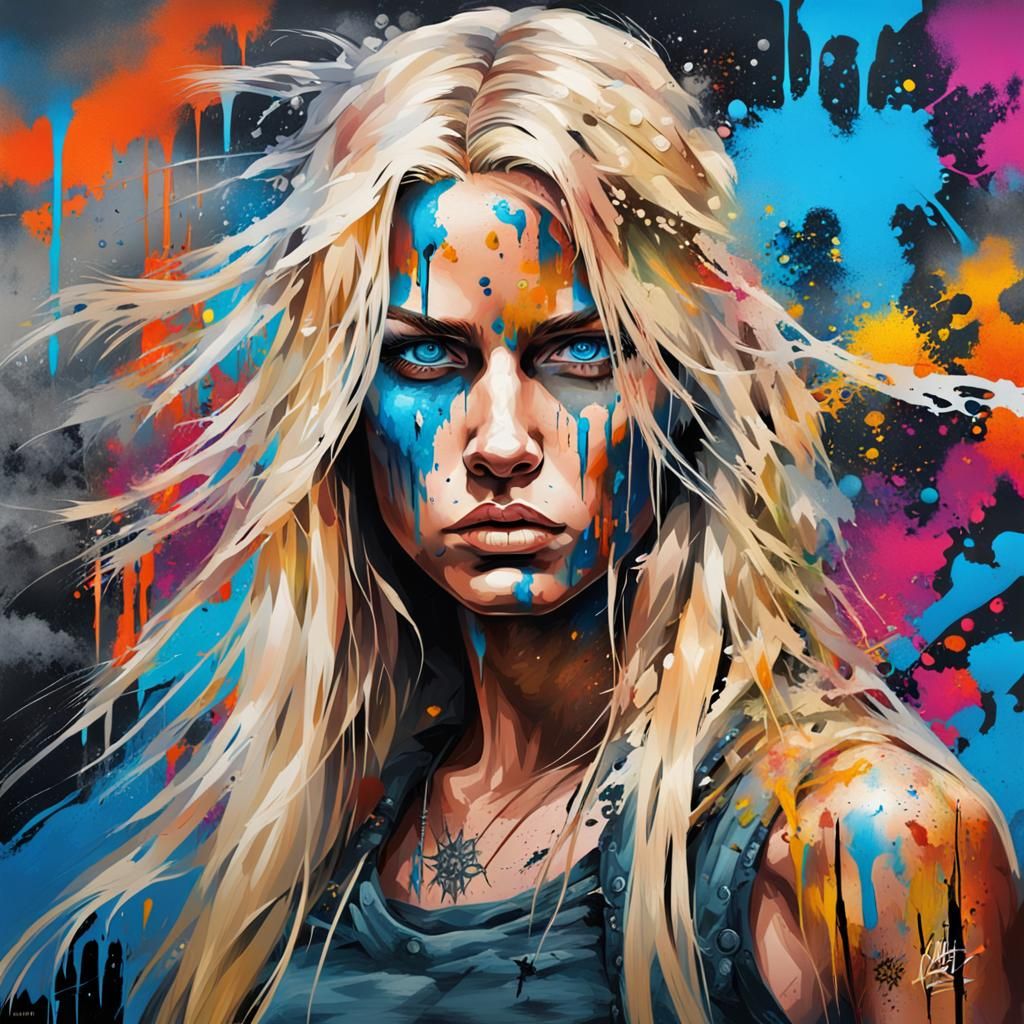 Blonde Warrior Woman in Graffiti Splash Art