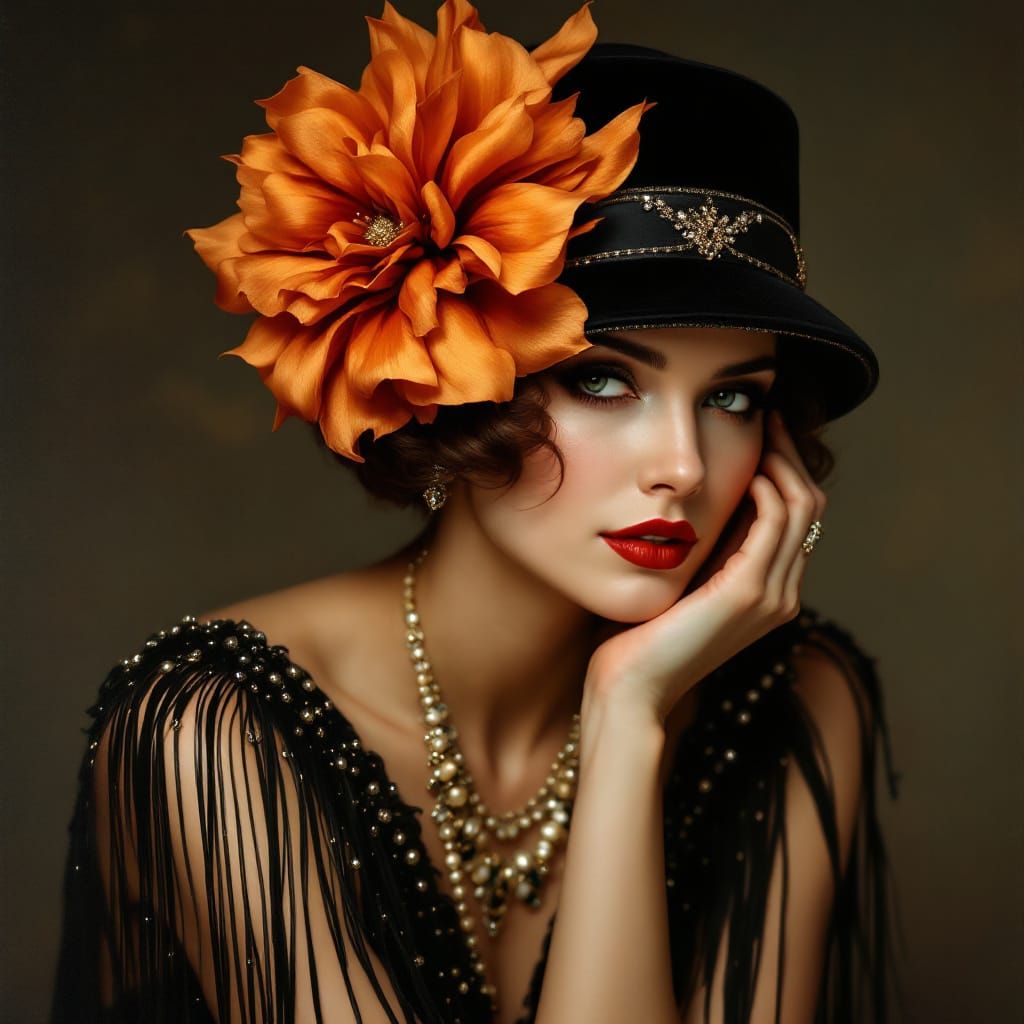 Flapper in Velvet Hat as Art Deco Oil Painting