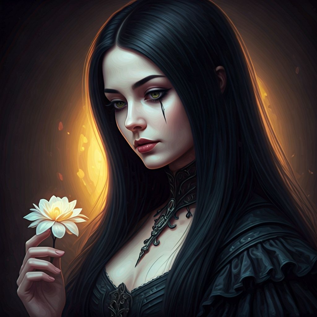 Gothic Woman Gazing at Flower as Baroque Oil Painting