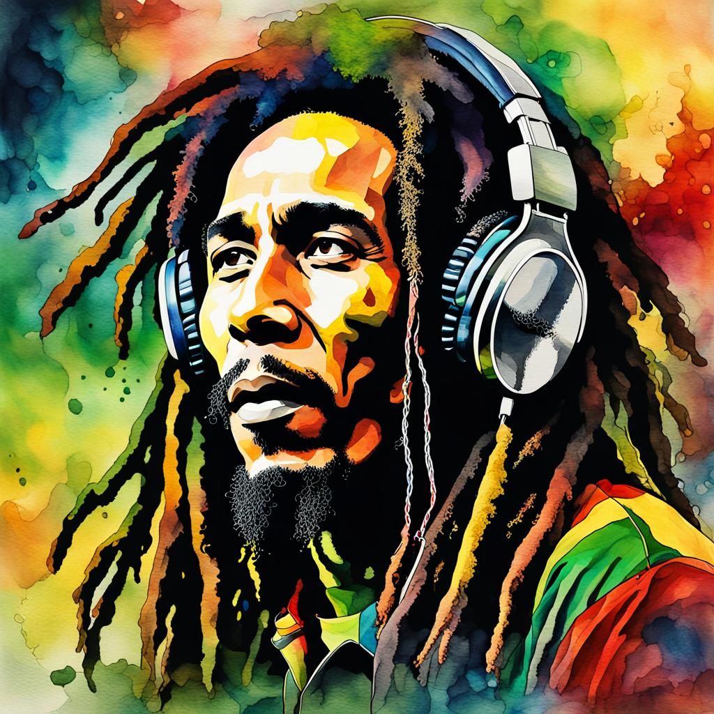 Bob Marley in Dreamy Watercolor Digital Illustration
