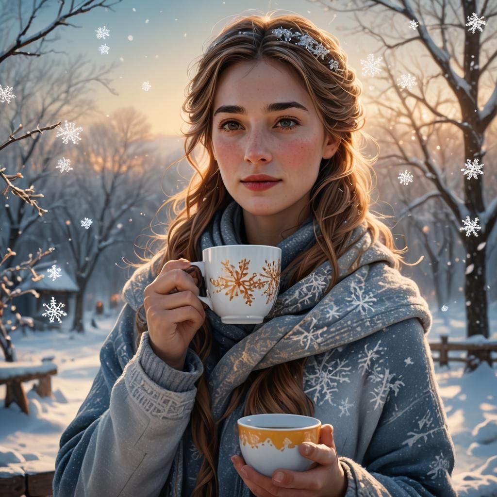 Winter Scene: Cica Sipping Tea in Snowy Landscape