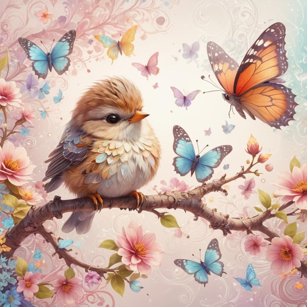 Bird on Flower in Dreamy 3D Animation Style