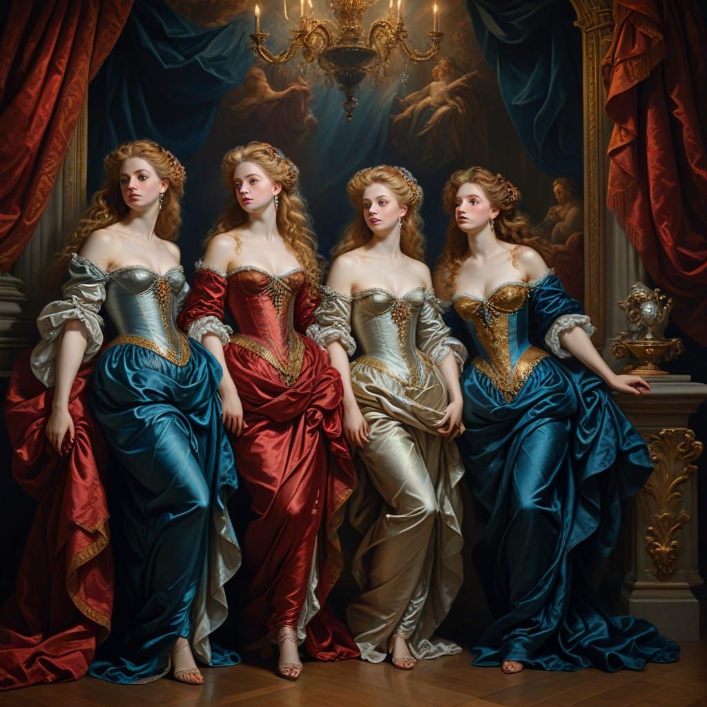Baroque Muses in Opulent Setting, Chiaroscuro Lighting