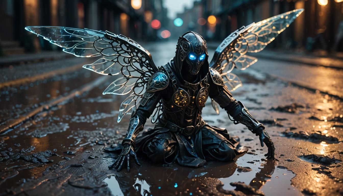 Cyberpunk Hologram Figure Shackled in Medieval Town