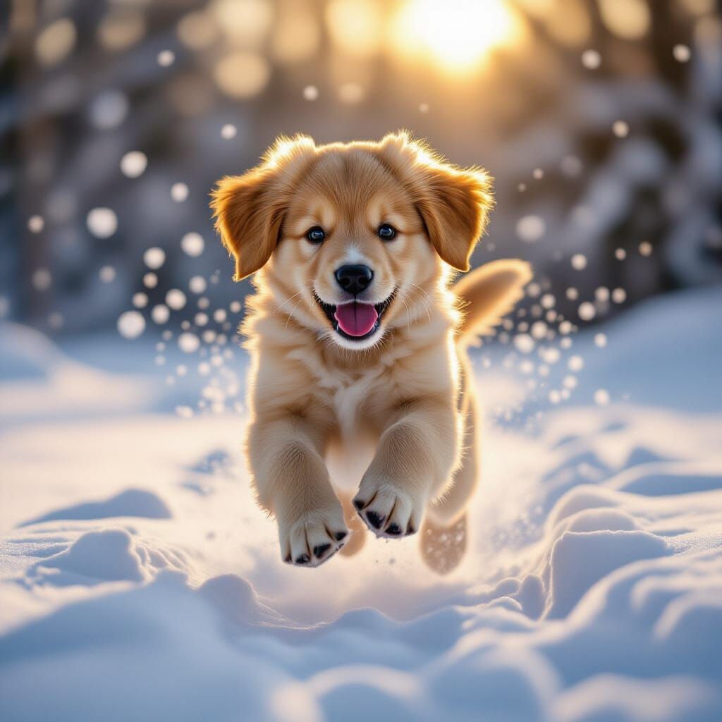 Golden Retriever Puppy Leaps Through Snow at Dawn