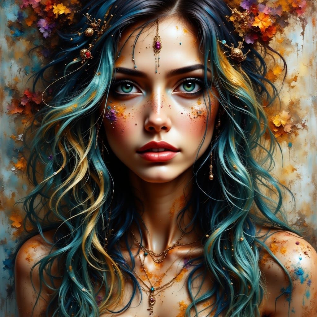 Grunge Queen Portrait with Antique Watercolor and Smokey Eff...