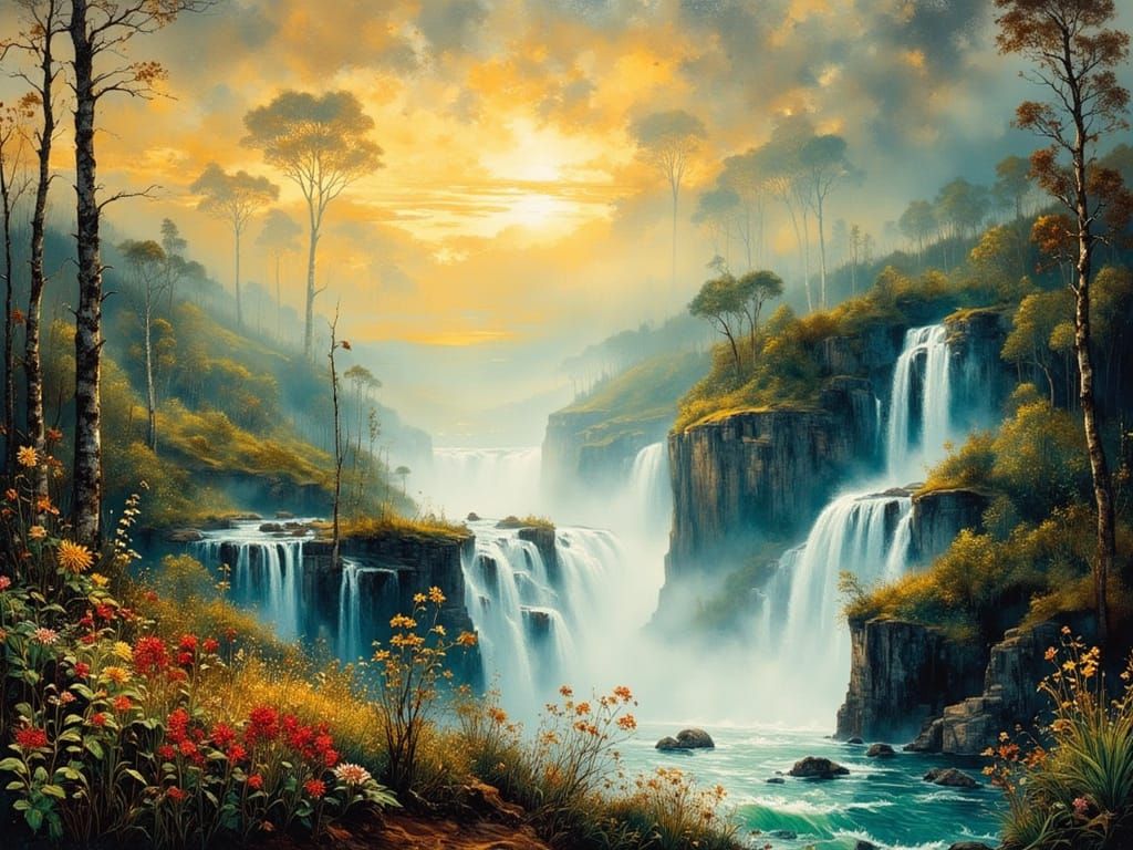 African Landscape with Waterfall in Impressionist Style