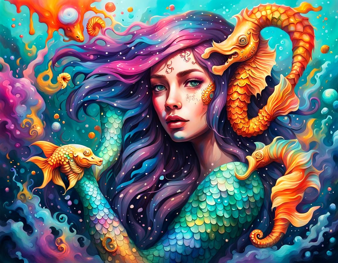 Mermaid with Seahorse in Graffiti Street Art Style