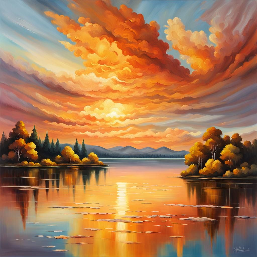 Amber Clouds Over Serene Lake as Oil Painting