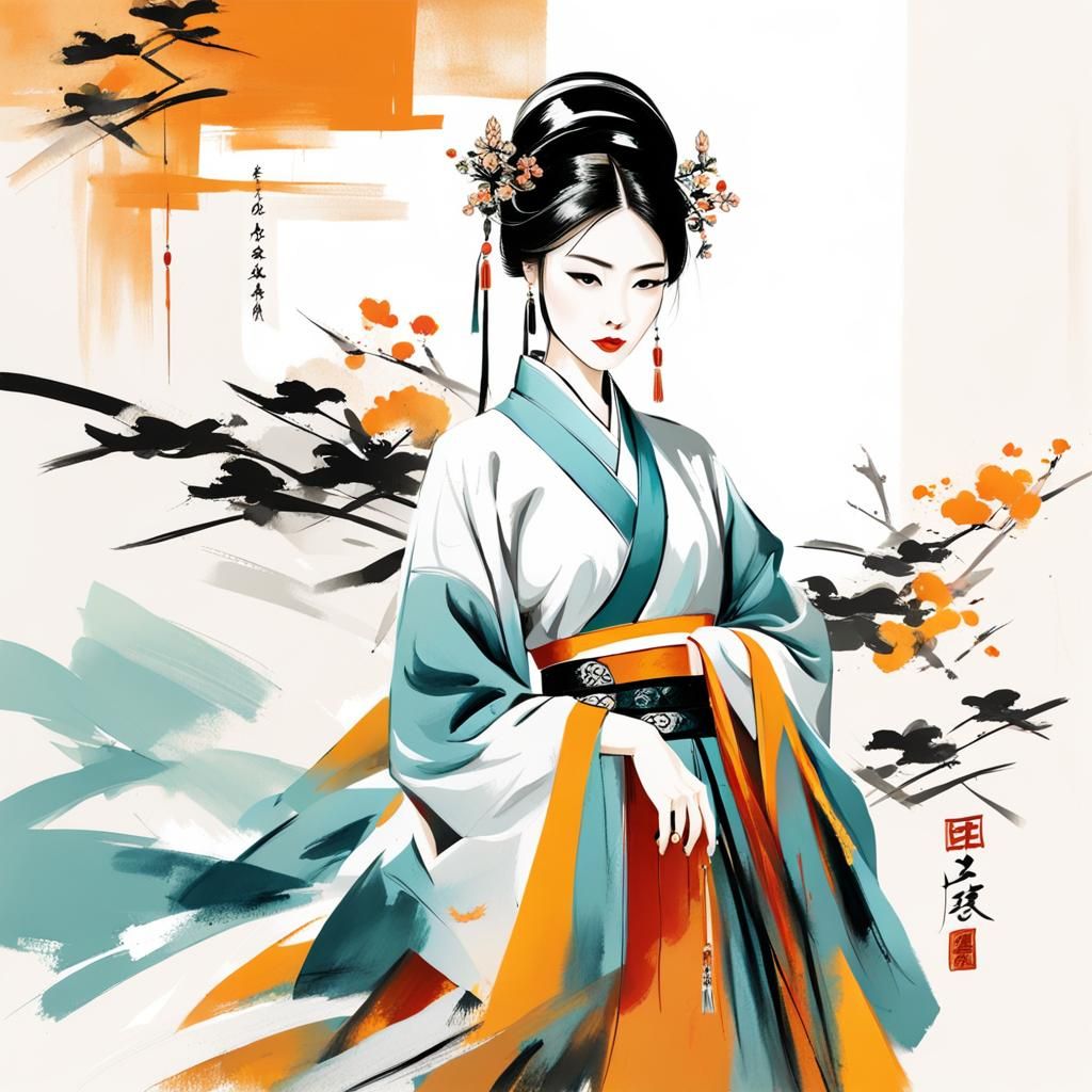 Lady in Elegant Chinese Attire in Abstract Calligraphy Brush...