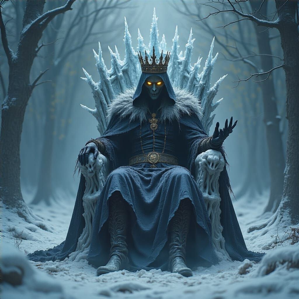 Sinister Winter King on Bone Throne in Snowy Forest