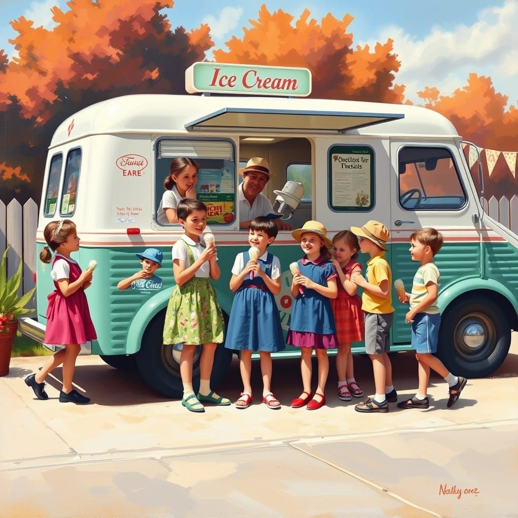 1950s Children at Ice Cream Truck, Oil Painting