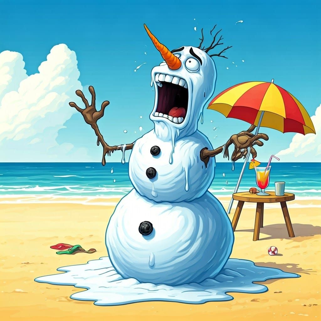 Agony of Melting Snowman in Beachside Chaos