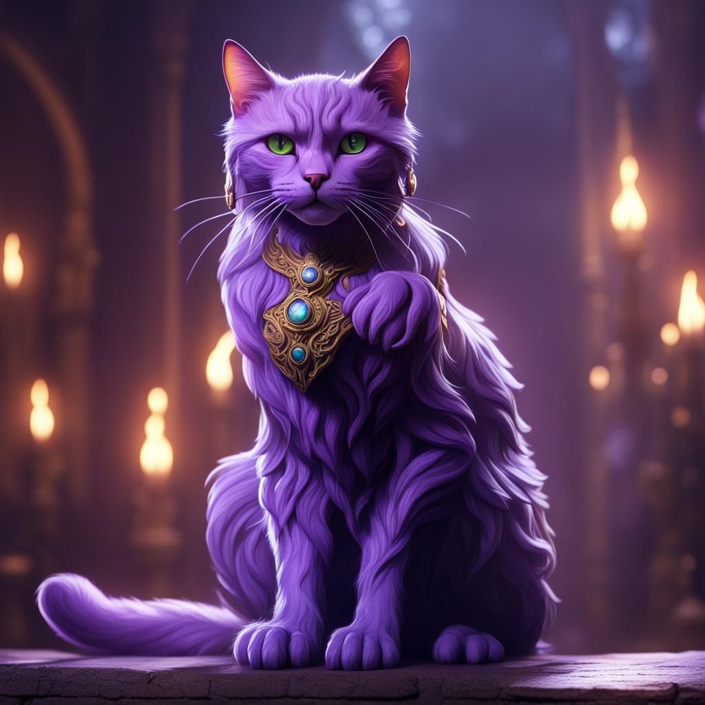 Magical Purple Cat Conjuring Spells in Digital Painting