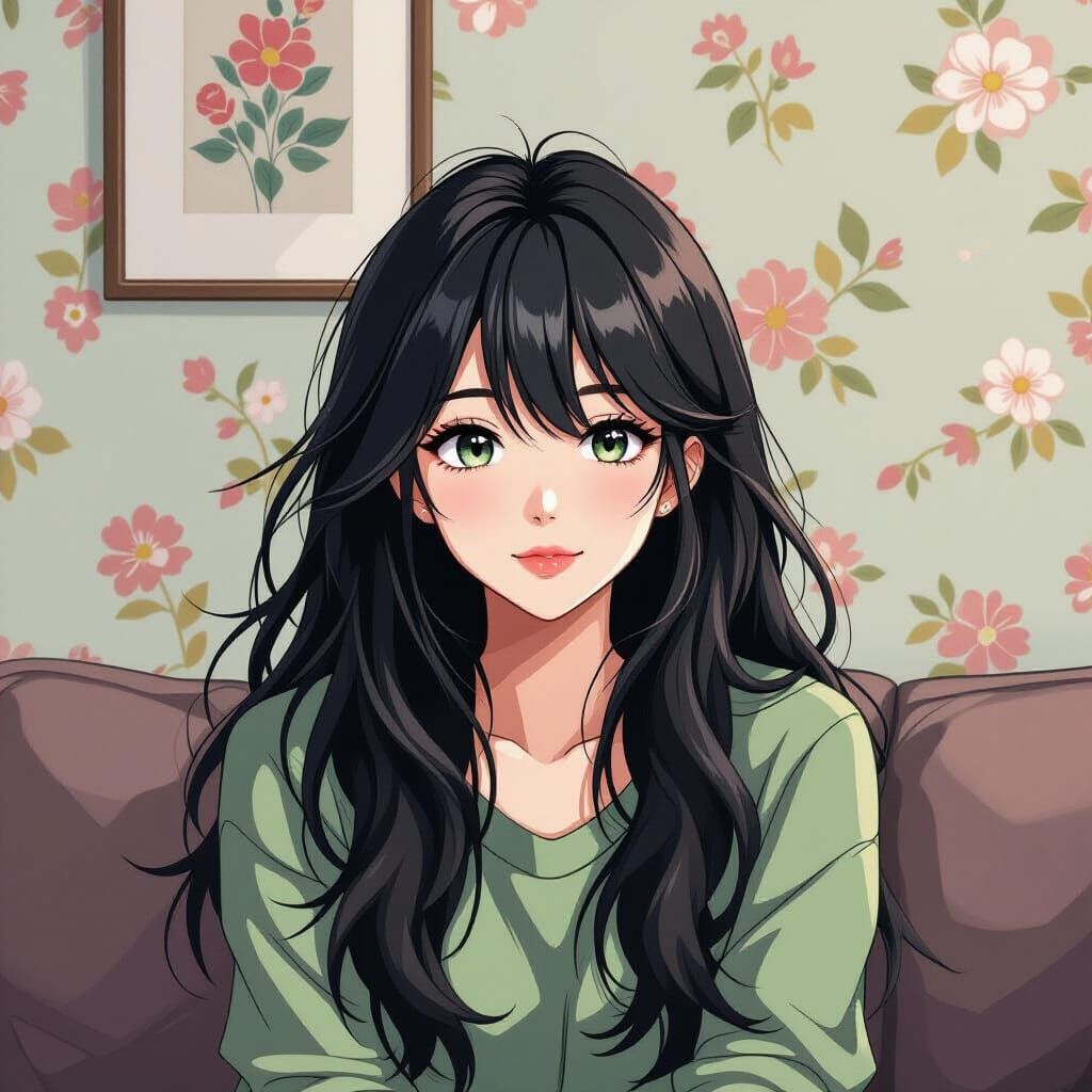 Relaxed Woman with Messy Hair in Elaborate Anime Style
