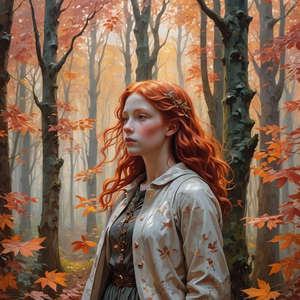 Red-Haired Girl Statue in Autumn Forest, Oil Painting