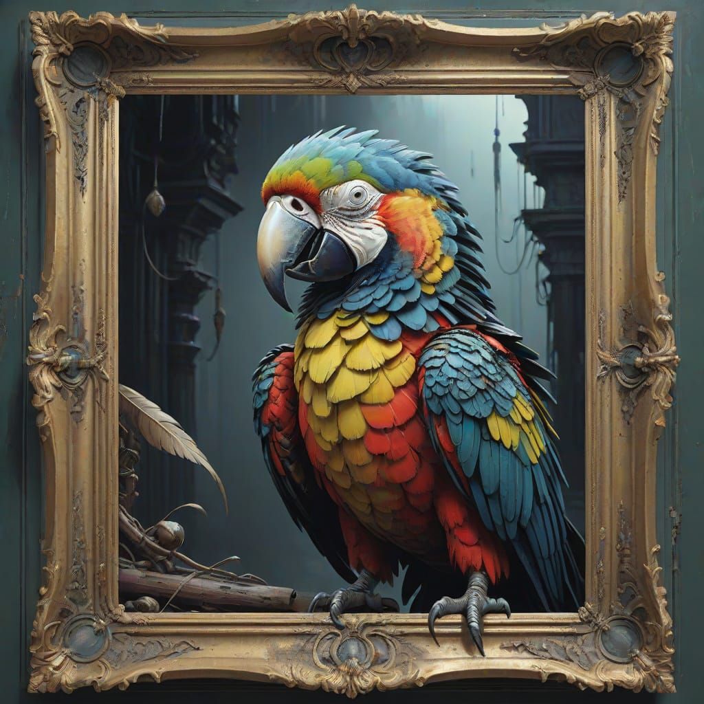 Parrot Emerges from Baroque Oil Painting