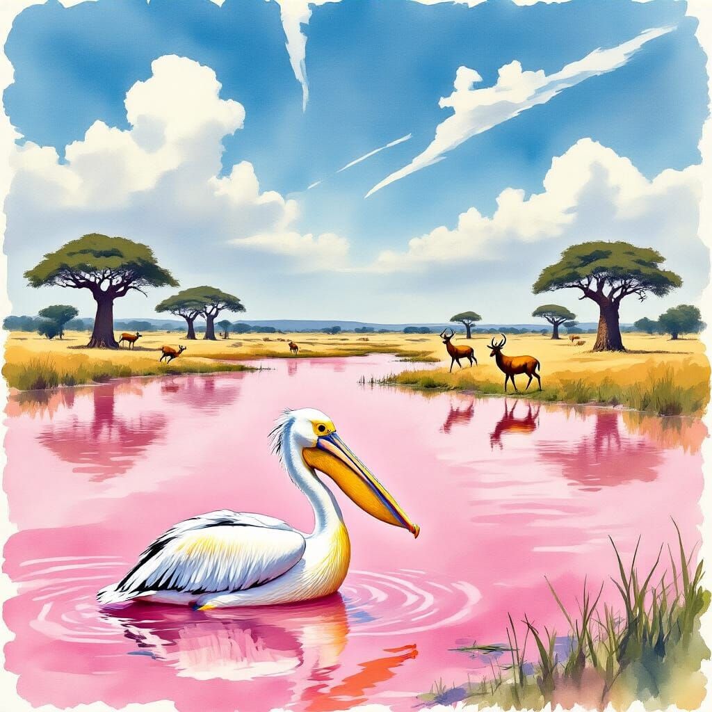Pink Lake with Pelican and Savanna Wildlife