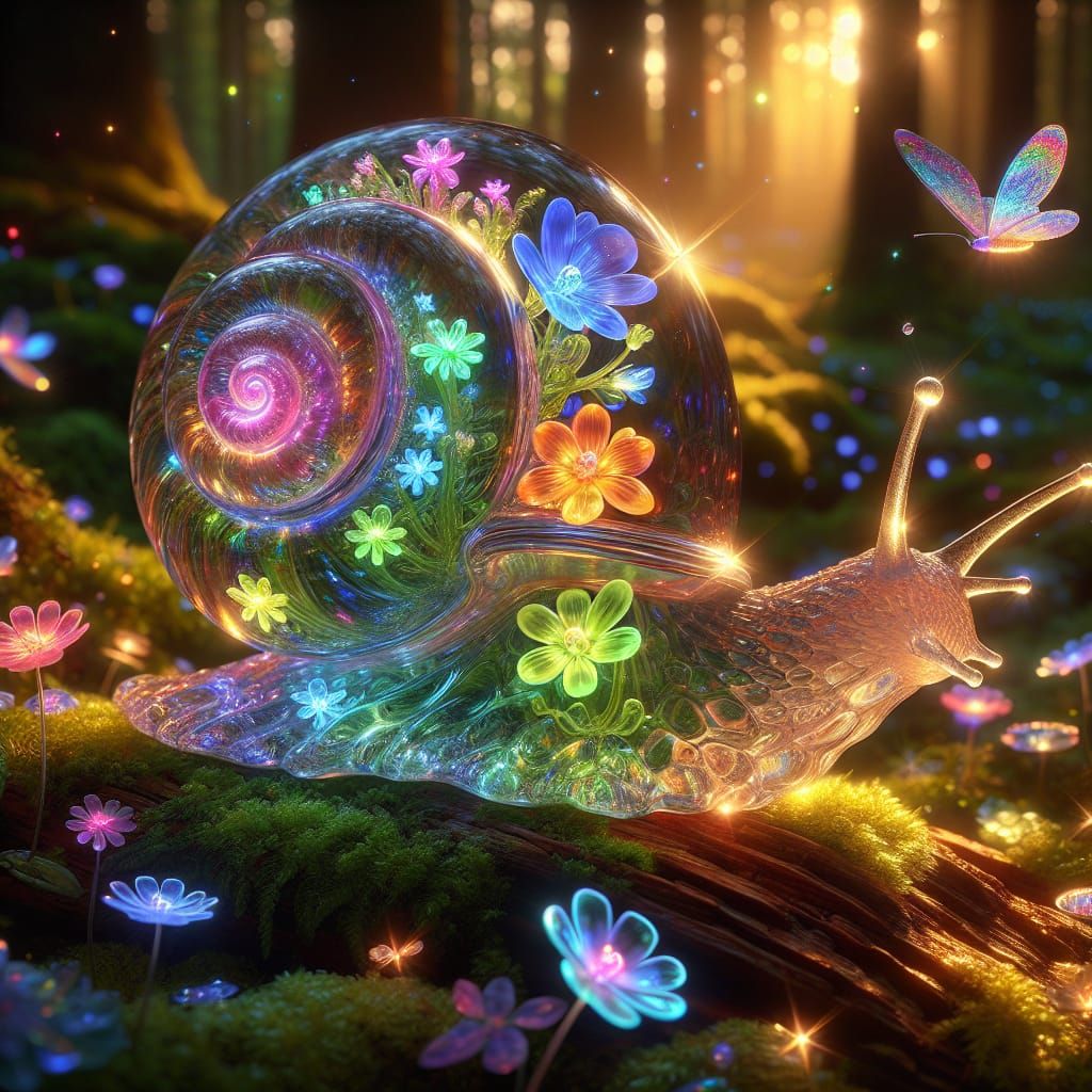 Bioluminescent Crystal Snail in Enchanted Forest