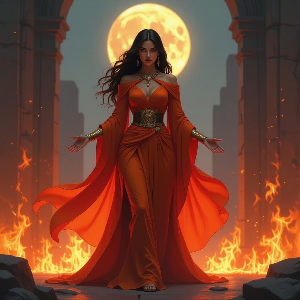 Goddess of Fire in Mystical, Futuristic Style