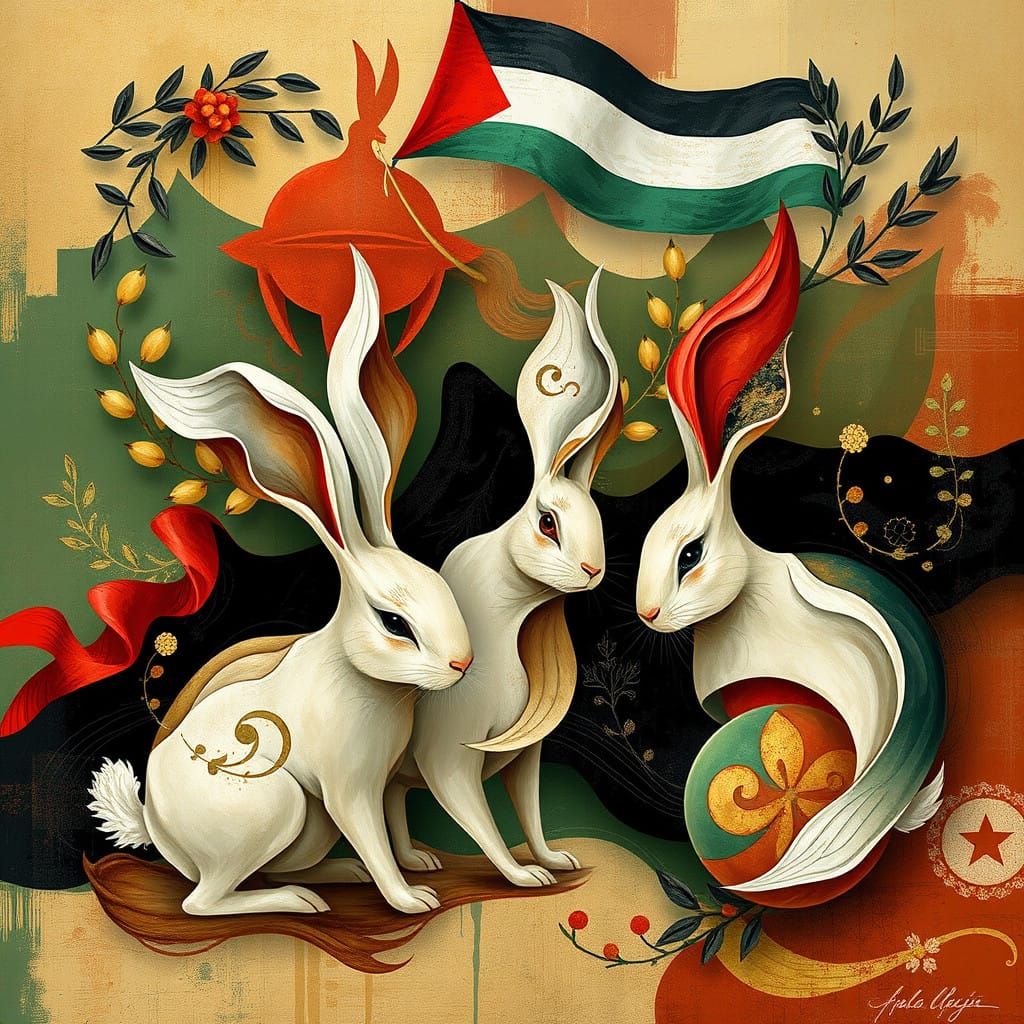 Abstract Rabbits in Vibrant Palestinian Colors
