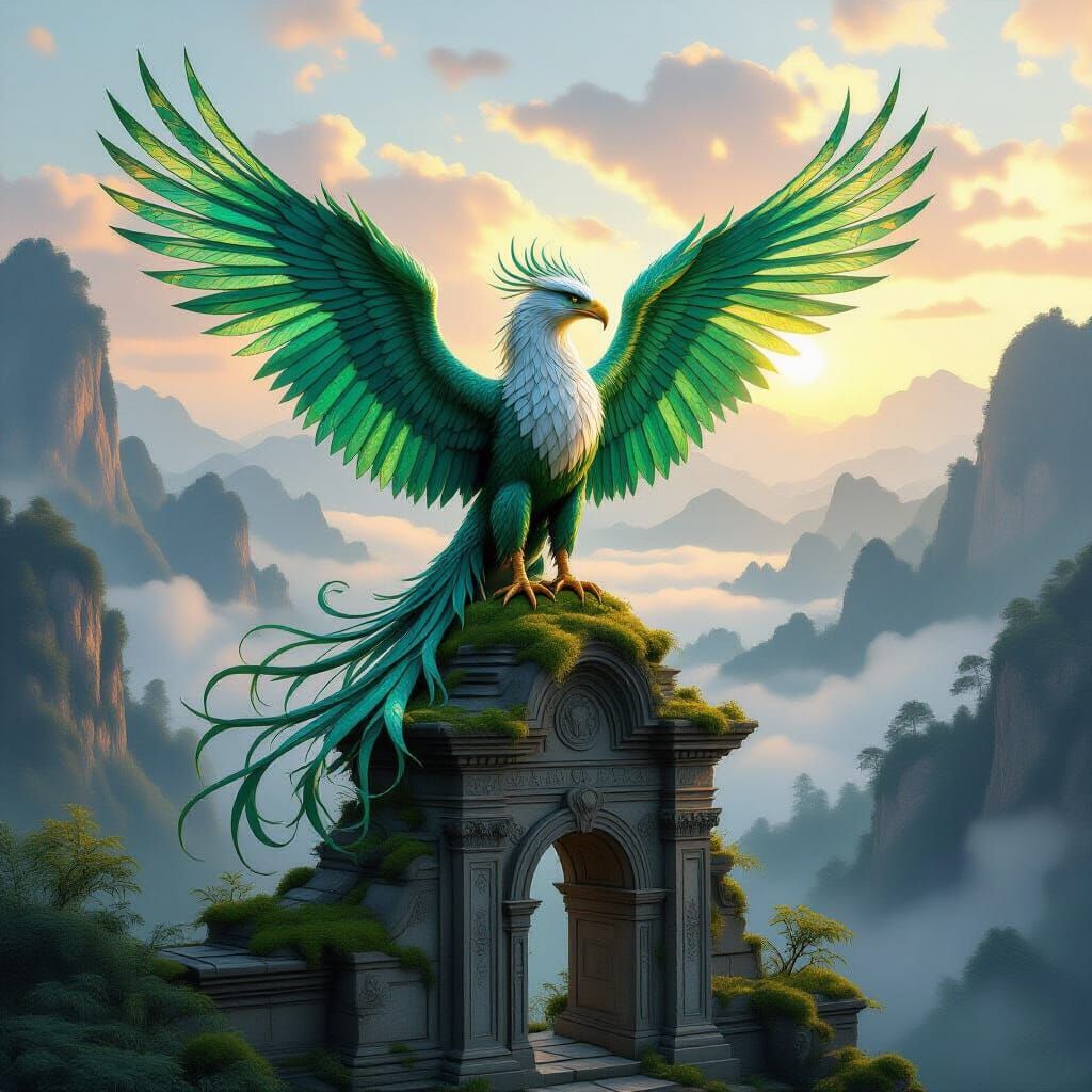 Majestic Griffin on Ancient Ruin at Dawn, Stained Glass Wing...