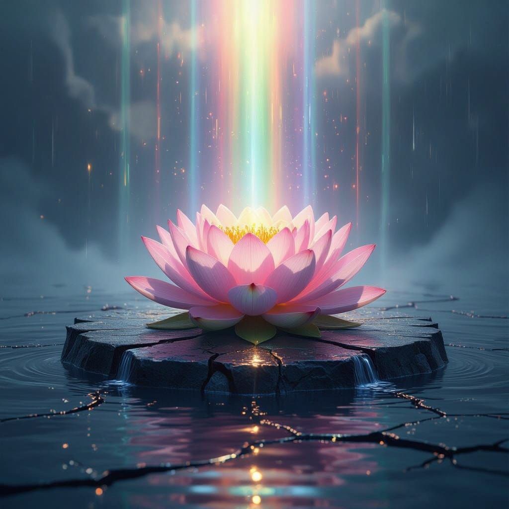 A biomechanical lotus blooming from the cracked surface of a floating obsidian island, with streams of glowing rainbows ...