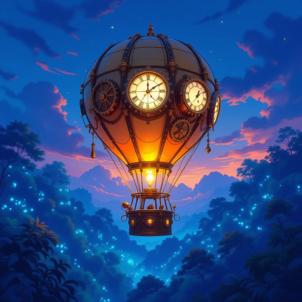 Steampunk Hot Air Balloon Over Bioluminescent Forest