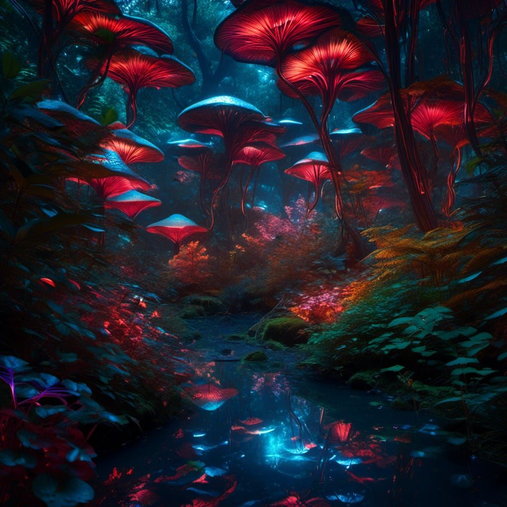 Neon Rainforest Canopy at Night: Aerial View