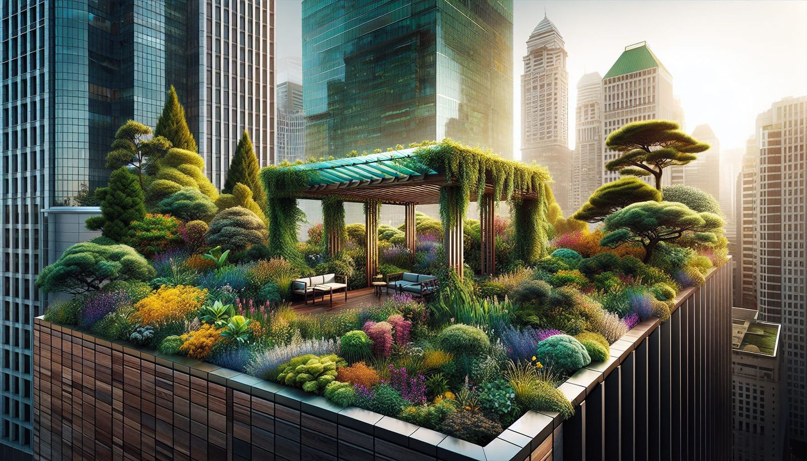 Urban Oasis: Lush Rooftop Garden Amidst City Skyscrapers
