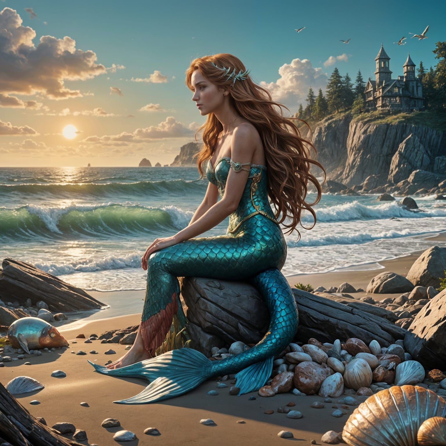 Surreal Mermaid Goddess Rides Ocean Waves in Fantasy Concept...