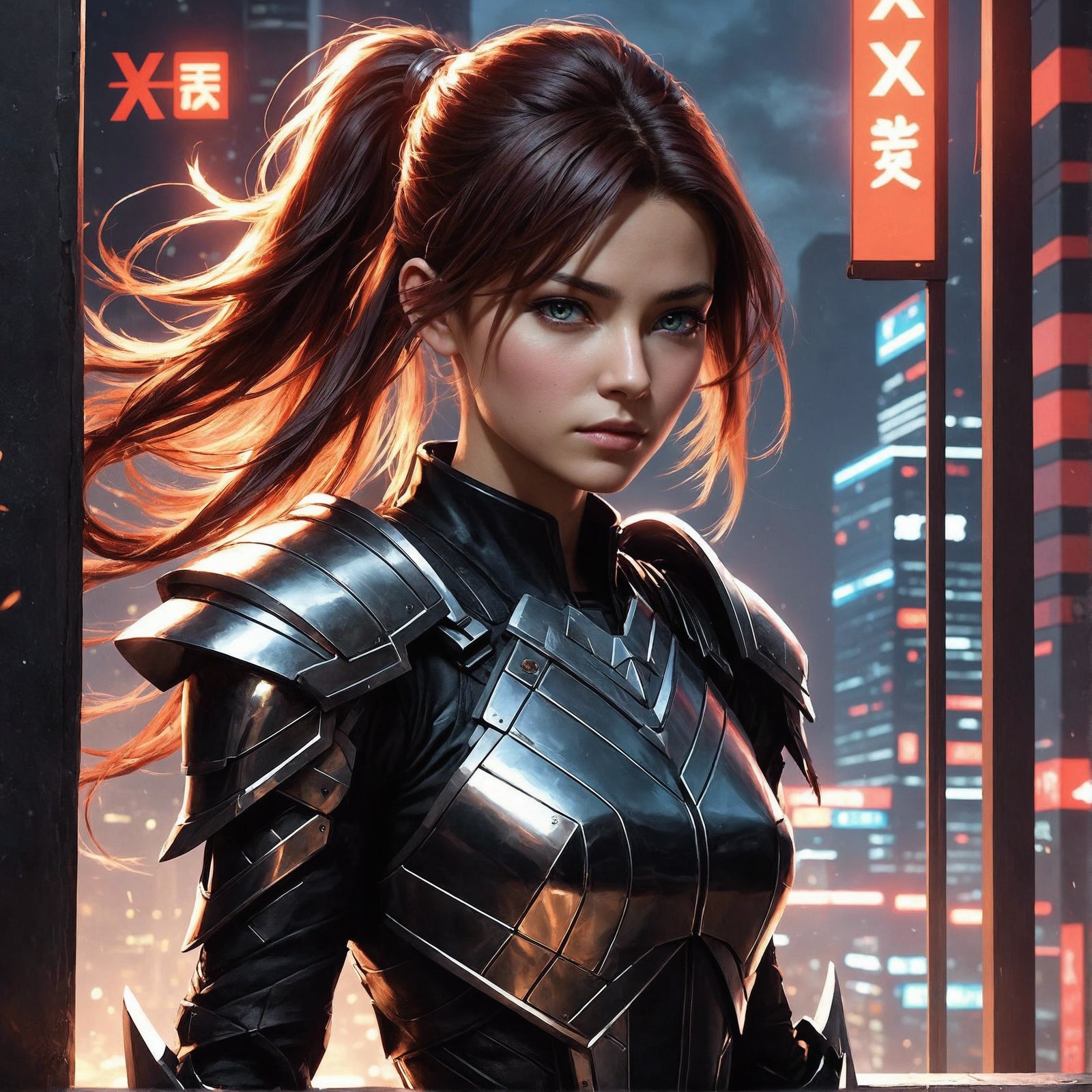 Anime Warrior Girl in Black Armor at Night