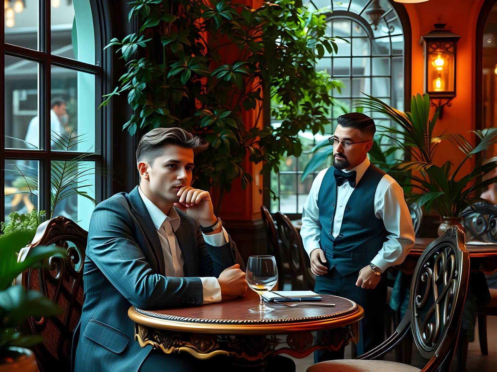 Handsome Young Man Surprised by Waiter in Cafe Scene
