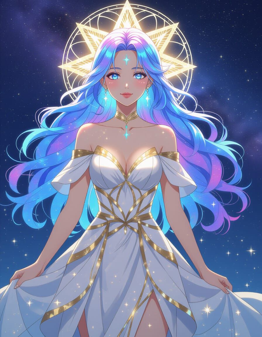 Celestial Woman with Galaxy Gown in Anime Style