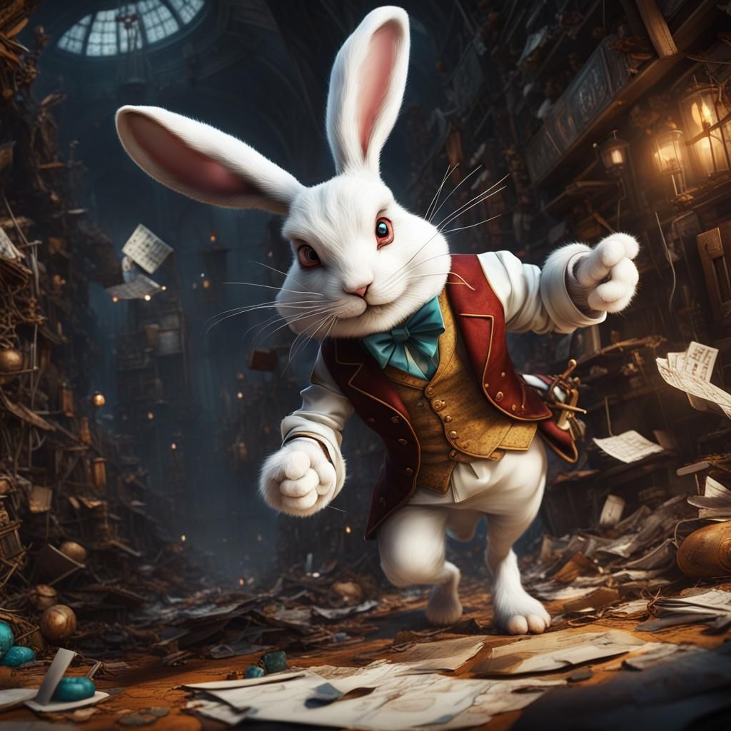 Frantic White Rabbit in Detailed Matte Painting