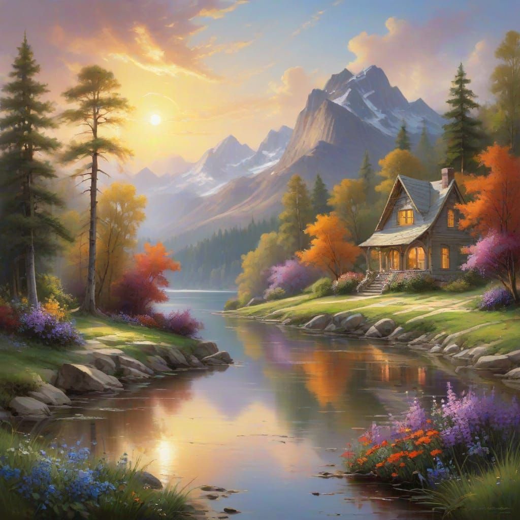 Serene Spring Landscape in Oil on Canvas Style