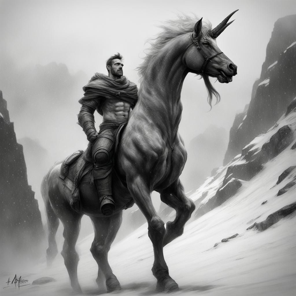 Centaur in Snow: Detailed Charcoal Sketch
